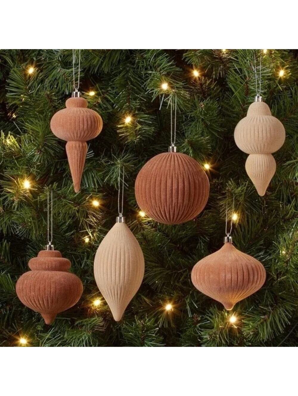 (2) Wondershop NIB Flocked Finial Ornaments Neutral Set of 6 - 2 Boxes